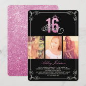Roze Bloeiende Glam Sweet 16 Foto Verjaardagsfeest Kaart (Voorkant / Achterkant)