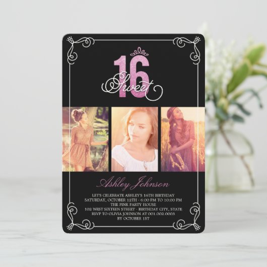 Roze Bloeiende Glam Sweet 16 Foto Verjaardagsfeest Kaart (Staand voorkant)