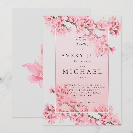 Roze bloeiende kersenbloesem bruiloft kaart (Voorkant / Achterkant)