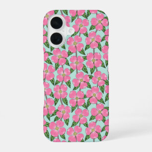 roze bloeiende kornoelje lijntekening bloemmotief iPhone 16 hoesje
