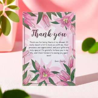 Roze Bloeiende Lelies Baby shower / Verjaardag Bedankkaart