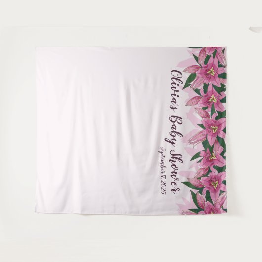 Roze Bloeiende Lelies Top Line Baby shower Achterg Wandkleed (Voorkant (horizontaal))