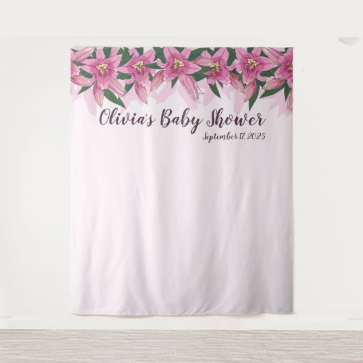 Roze Bloeiende Lelies Top Line Baby shower Achterg Wandkleed (Voorkant)