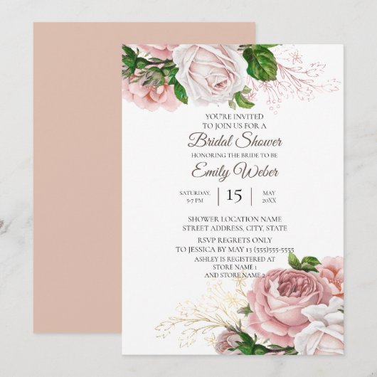 Roze bloeiende rozen bruidsdouche kaart (Voorkant / Achterkant)
