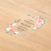 Roze bloeiende rozen bruiloft acryl uitnodigingen (Laagn)
