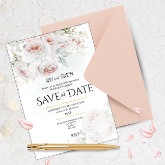 Roze bloeiende rozen Save the Date Trouwuitnodigin Kaart