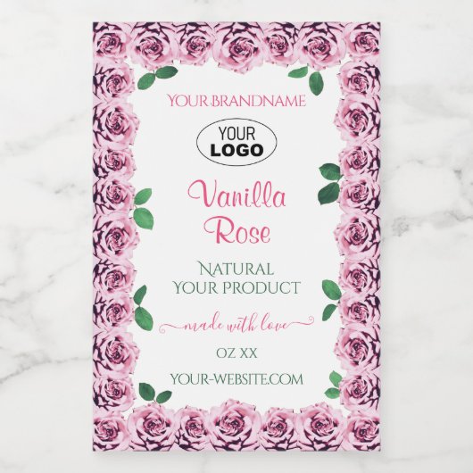 Roze bloeiende Rozen Witte etiketten met Logo (Enkel label)