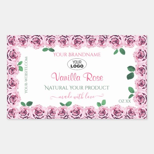 Roze bloeiende Rozen Witte etiketten met Logo (Voorkant)