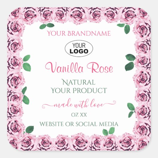 Roze bloeiende Rozen Witte etiketten met Logo (Voorkant)