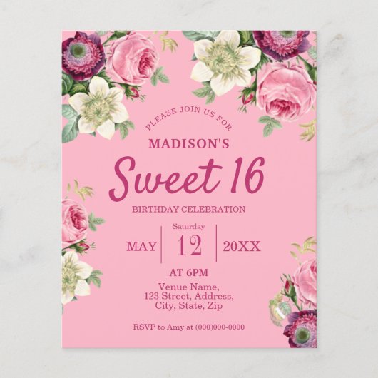 Roze bloem 16 uitnodiging van afgelopen dag (Voorkant)