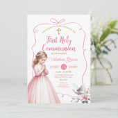 Roze bloem 1e Heilige Communie meisje biddend krui Kaart (Staand voorkant)