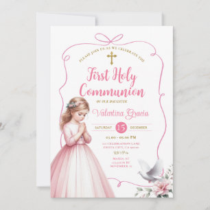 Roze bloem 1e Heilige Communie meisje biddend krui Kaart
