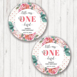 Roze bloem 1e verjaardag ronde sticker