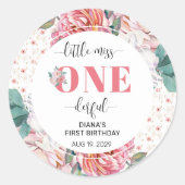 Roze bloem 1e verjaardag ronde sticker (Voorkant)