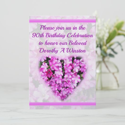  ROZE BLOEM 90E VERJAARDAG UITNODIGING (Staand voorkant)