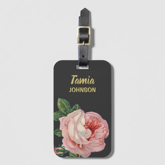 Roze bloem, aangepaste naam grijs bagagelabel (Voorkant (verticaal))