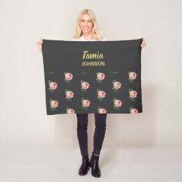 Roze bloem, aangepaste naam grijs fleece deken