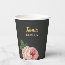 Roze bloem, aangepaste naam grijs papieren bekers