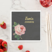 Roze bloem, aangepaste naam grijs servet (Insitu)