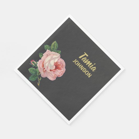 Roze bloem, aangepaste naam grijs servet (Hoek)
