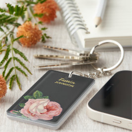 Roze bloem, aangepaste naam grijs sleutelhanger
