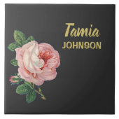 Roze bloem, aangepaste naam grijs tegeltje (Voorkant)