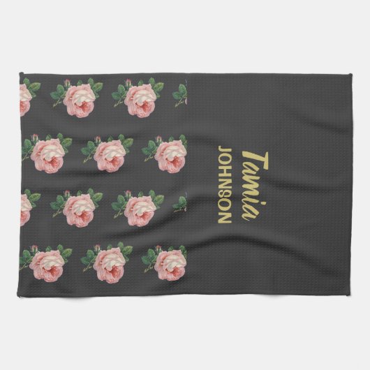 Roze bloem, aangepaste naam grijs theedoek (Horizontaal)