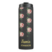 Roze bloem, aangepaste naam grijs thermosbeker (Voorkant)