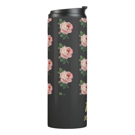 Roze bloem, aangepaste naam grijs thermosbeker (Gedraaid links)