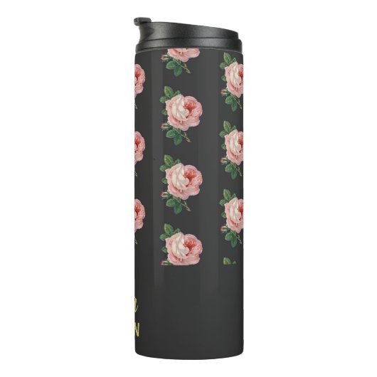 Roze bloem, aangepaste naam grijs thermosbeker (Geroteerd rechts)