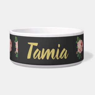 Roze bloem, aangepaste naam grijs voerbakje