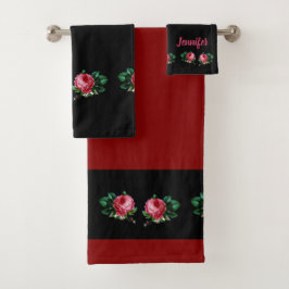 roze bloem, aangepaste naam zwart bad handdoek
