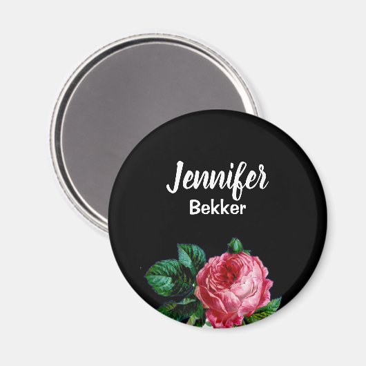 roze bloem, aangepaste naam zwart magneet (Voorkant / Achterkant)