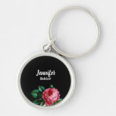  roze bloem, aangepaste naam zwart sleutelhanger (Voorkant)