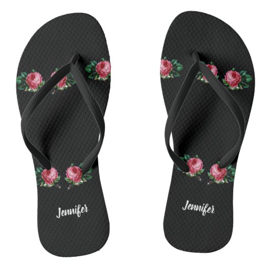  roze bloem, aangepaste naam zwart teenslippers (Voetbed)