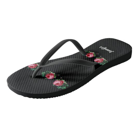 roze bloem, aangepaste naam zwart teenslippers (Schuin)