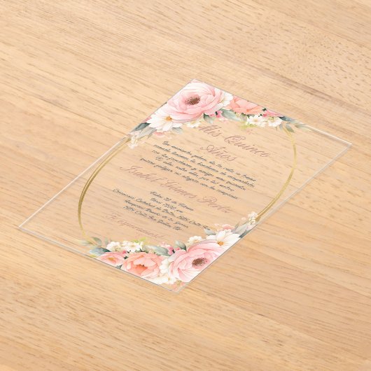 Roze bloem acryl Quinceanera uitnodiging (Laagn)