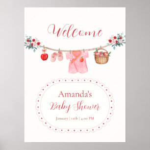 Roze Bloem Appel Waslijn Baby Shower Welkom Poster