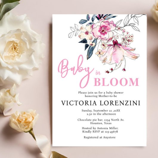 Roze bloem baby in bloei baby shower uitnodiging