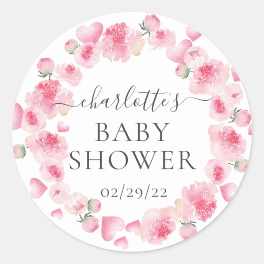 Roze bloem baby shower favor sticker (Voorkant)