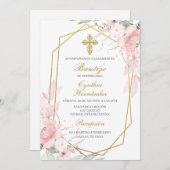 Roze bloem Baptisme Spaanse Uitnodiging (Voorkant / Achterkant)