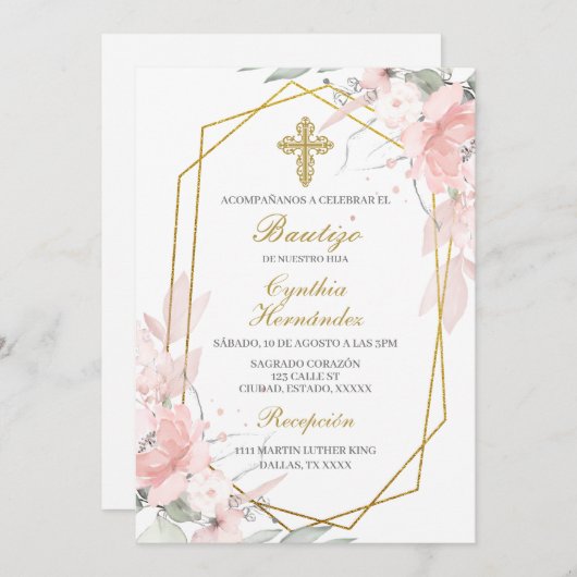 Roze bloem Baptisme Spaanse Uitnodiging (Voorkant / Achterkant)