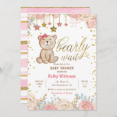 Roze bloem beren baby shower uitnodiging (Voorkant / Achterkant)