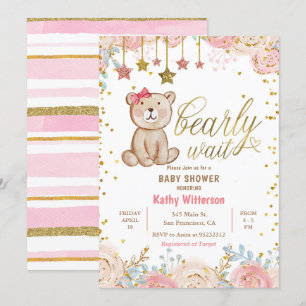 Roze bloem beren baby shower uitnodiging