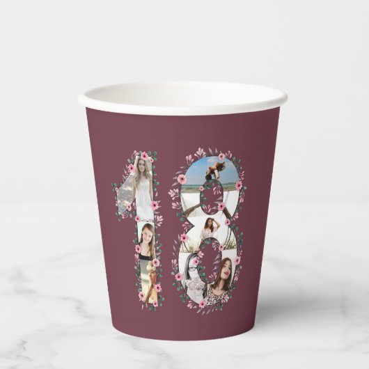 Roze bloem Big 18th Birthday Girl Foto Collage Papieren Bekers (Voorkant)