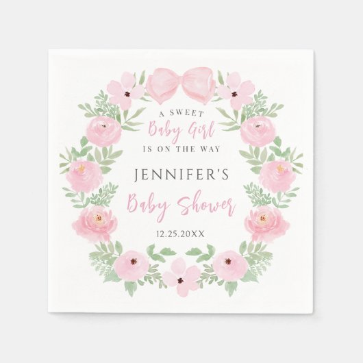 Roze bloem bloeit met leuke boog baby meisje douch servet (Voorkant)