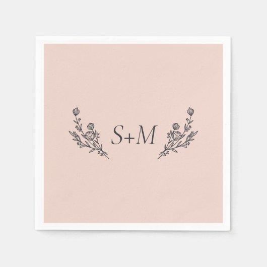 Roze Bloem Boeket Blad Monogram Bruiloft Servet (Voorkant)
