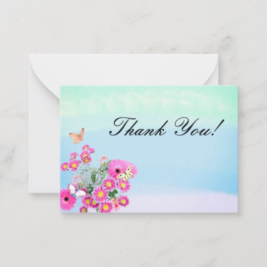 Roze Bloem Boeket en Vlinders Dank U Notitiekaartje (Voorkant)