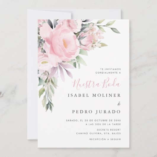 Roze Bloem Boeket Nuestra Boda Spaanse Bruiloft Kaart (Voorkant)