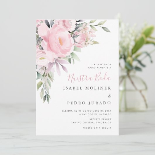 Roze Bloem Boeket Nuestra Boda Spaanse Bruiloft Kaart (Staand voorkant)
